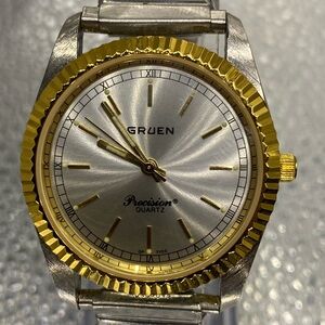 *** Gruen ^^^  Men's Silver Dial Gold-Tone Bezel Precision Quartz Watch ***